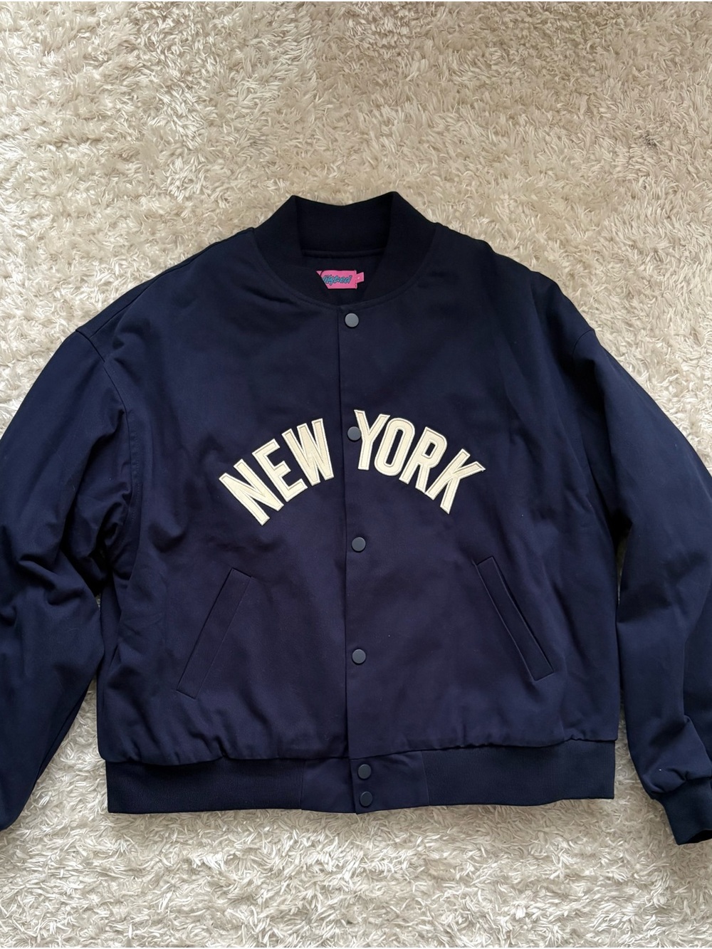 Edikted Navy Bomber Jacket with White 'NEW YORK' Lettering